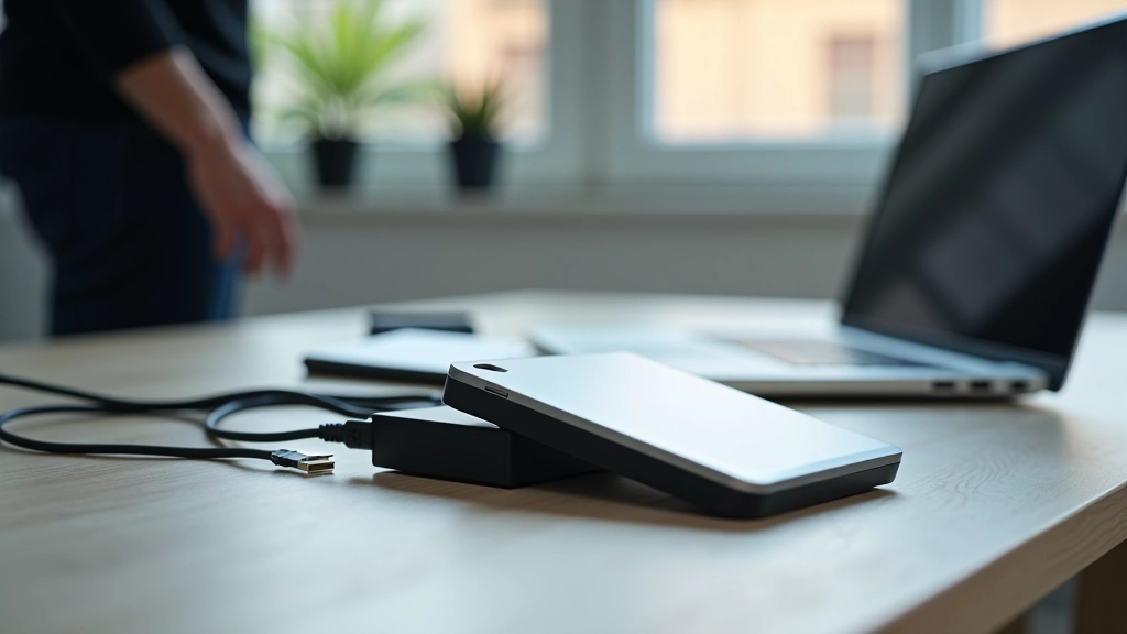 Disco rígido externo conectado a computador com cabo USB num ambiente de trabalho limpo