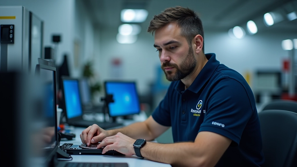 Tiago Ferreira trabalhando numa bancada técnica com equipamento de recuperação de dados em laboratório profissional