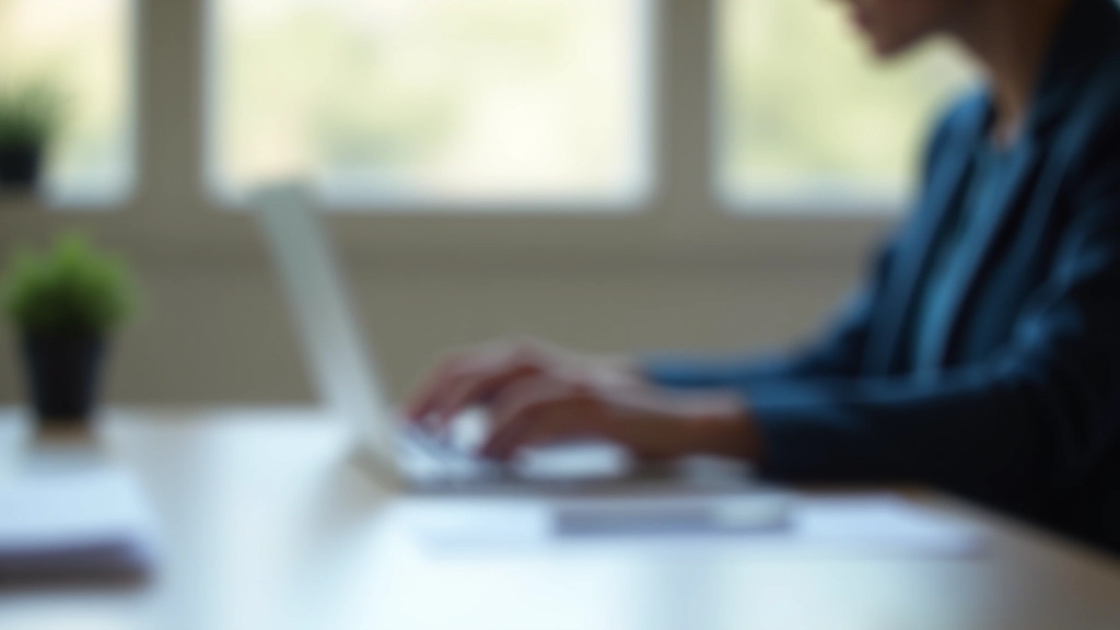 Pessoa a trabalhar num computador portátil numa secretária com documentos e caneta visíveis, ambiente de trabalho organizado com boa iluminação