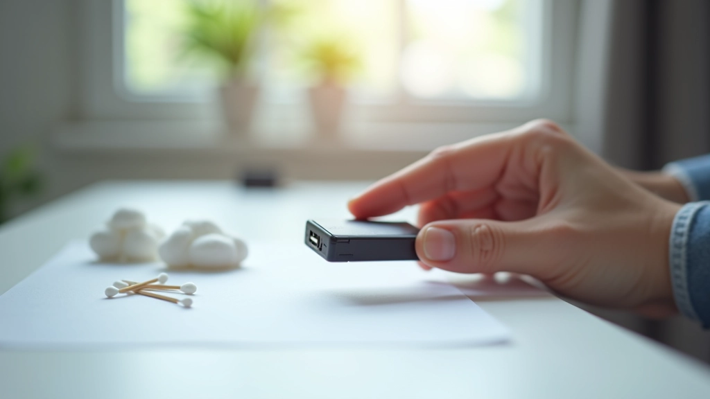 Mão segurando um pen drive USB sobre uma secretária limpa com ferramentas de limpeza ao lado