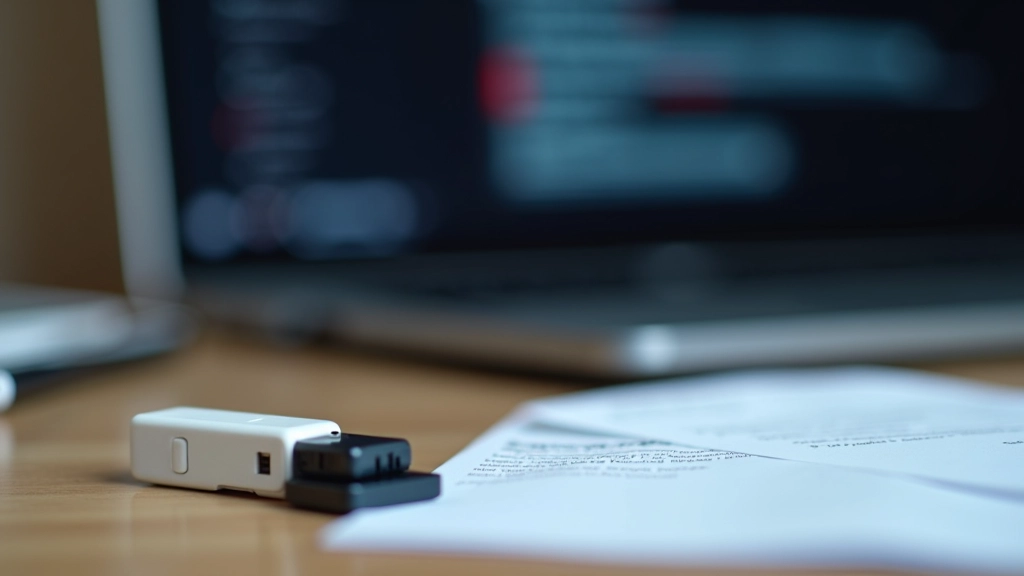Pen drive USB em cima de uma secretária com ícone de ficheiro com aviso de erro